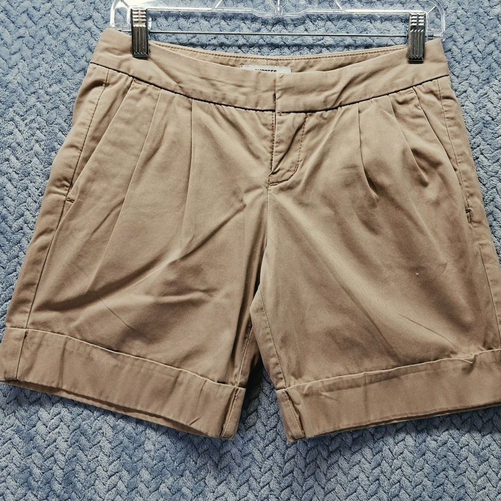 Express Khaki Chino Shorts Womens 0 Tan Pleated Cuffed 100% Cotton Twill